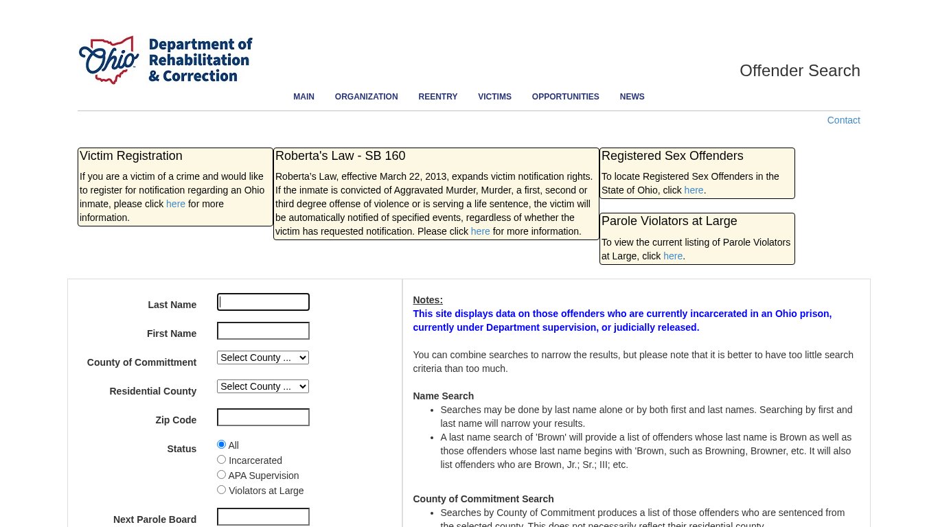Ohio Department of Rehabilitation and Correction Offender Search